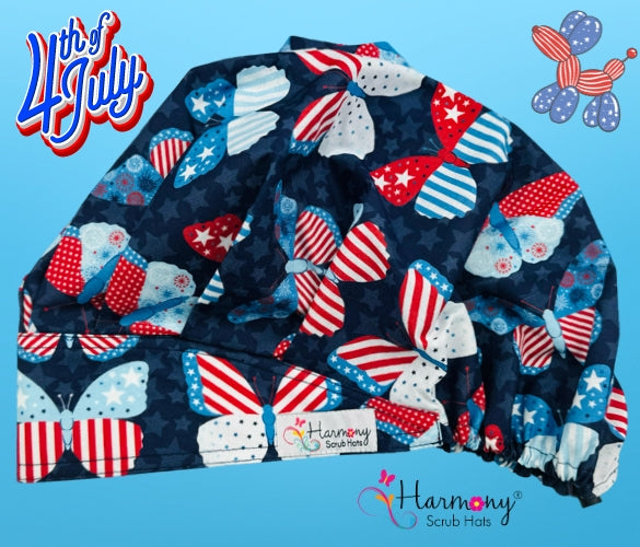 4th OF JULY Butterflies Mini Stars Modern Bouffant™ Scrub Hat